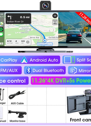 11.26 inch Dash Cam Car DVR 4K Camera Wireless Carplay Android Auto Touch Screen Dual Len Video Recorder Dashboard BT FM AUX GPS - Riparo82