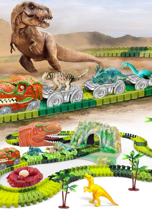 I giocattoli del treno dei dinosauri creano un set da gioco flessibile da corsa su strada del mondo dei dinosauri, auto da corsa dei giocattoli dei dinosauri per le ragazze dei vecchi