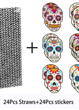 24Pcs Skull Paper Drinking Straw Cocktail Juice Disposable Straws Tableware for Mexican Day of The Dead Halloween Party Decor - Riparo82