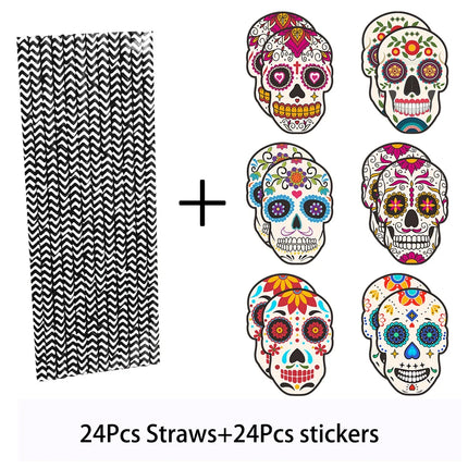 24Pcs Skull Paper Drinking Straw Cocktail Juice Disposable Straws Tableware for Mexican Day of The Dead Halloween Party Decor