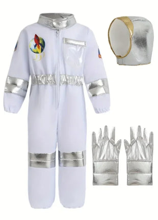 Costume da astronauta americano per bambini, costume da astronauta, stampa deluxe, cartone animato, bianco, tuta, gioco di ruolo di Halloween, guanti da avventura, set di cappelli