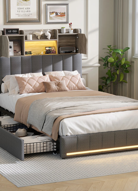 Letto singolo per bambini Superaly 90x200cm, letto imbottito con cassetti, LED e porte di ricarica, testiera con base a doghe