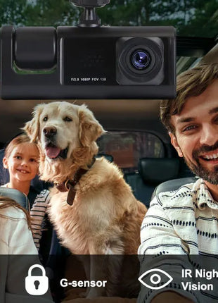 3 Channel Dash Cam Front and Rear Inside 1080P 3 Way Triple Car Camera with IR Night Vision Loop Recording - Riparo82