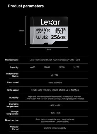 Scheda di memoria Lexar SILVER PLUS 64 GB 128 GB 256 GB Velocità di lettura fino a 205 MB/s A2 V30 4K UHD TF 1366x Scheda Micro SD professionale