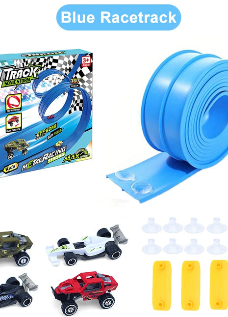 4.5M Flessibile Pista Da Corsa Giocattolo FAI DA TE Doppia Pista Auto Da Corsa 4 Auto Giocattolo Resistente agli urti Roll Up Pista Da Corsa per I Bambini Gioco Regalo - riparo82