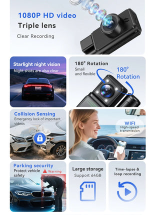 4K WiFi Dash Cam Front and Rear 2’’ Display Mini Car Camera 3 Channel Car DVR Camera with IR Night Vision Support 24H Parking - Riparo82