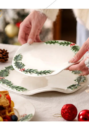 Piatto da pranzo in ceramica in rilievo Piatti da dessert per torte in stile natalizio per la casa Stoviglie da cucina di alta qualità Vassoio da frutta per festival - riparo82