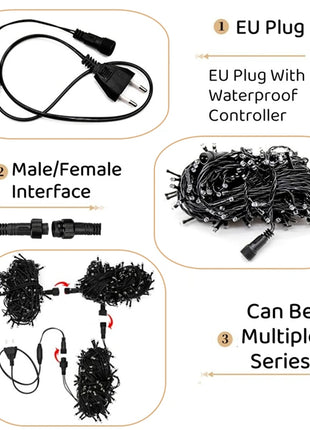 20M/Rotolo 200LED Esterno LED String Fata Luce Impermeabile Cavo Nero Spina UE Ghirlanda Lampada Natale Patio Decorazione del Giardino illuminazione - riparo82