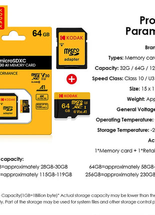 Scheda di memoria Micro Sd originale Kodak Scheda SD da 64 GB 128 GB Scheda Flash Micro SDXC Class10 Scheda di memoria SD da 256 GB 32 GB per la registrazione della fotocamera