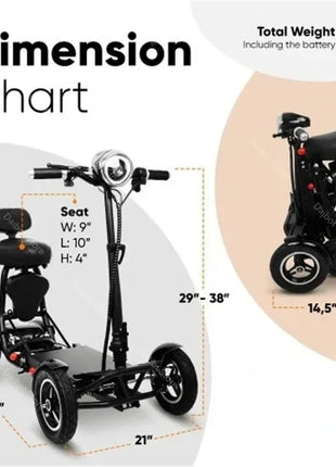 Scooter Mobilità 4 Ruote 500W Doppio Motore 36V - Pieghevole Anziani 3 Velocità - riparo82