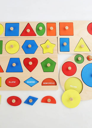 Giocattoli puzzle per bambini Montessori, lavagna per graffiare le mani con forme in legno e colori abbinati, giocattoli cognitivi geometrici per l'educazione precoce - riparo82