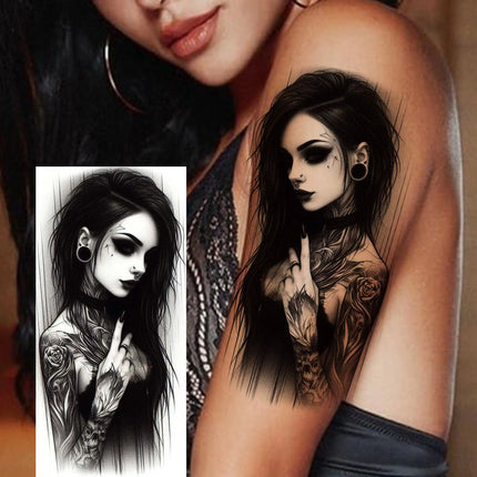 1 Sheet Full Arm Evil Witch Vampire Temporary Tattoos Sleeve Halloween Scary Skull Tatoo Waterproof Horrible Fake Tattoo Sticker