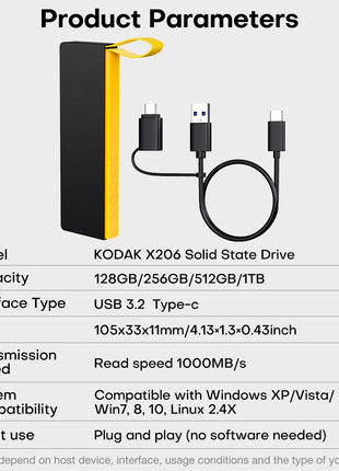 Kodak Unità Esterna Disco Rigido SSD Portatile 1TB 512GB 256GB 128GB USB3.2 Tipo-C Gen2 Ad Alta Velocità 1000MB/s Per Il Computer Portatile Desktop X206