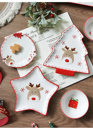 Set di stoviglie natalizie in ceramica dipinta a mano Simpatico piatto da bistecca natalizio Piatto piatto sottosmalto in rilievo - riparo82