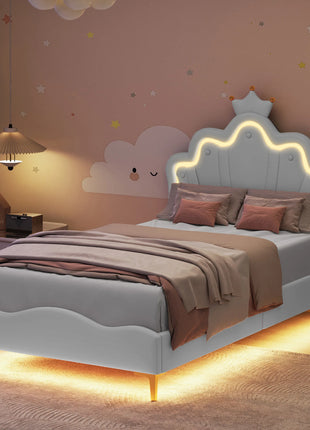 Comanlai Letto per bambini 90x200 cm con luce LED e testiera a forma di corona, letto imbottito con rete a doghe, pelle PU, bianco