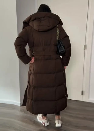 Cappotto lungo in cotone con cappuccio trapuntato imbottito da donna caldo Colletto alla coreana solido allentato Cappotti con cerniera con lacci 2025 Capispalla invernale da donna