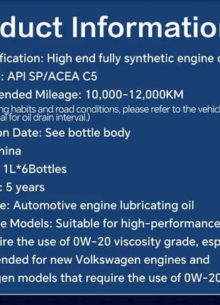 Lopal SONIC 589 0W-20 C5 Per VW 508/509 SP 1L * 6 Bottiglie Olio Motore Auto Protezione Avanzata 6L Lubrificante Olio Motore Sintetico Completo