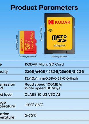 Scheda Micro SD Kodak V30 U3 C10 Scheda di memoria Flash da 32 GB 64 GB 128 GB 256 GB, velocità di lettura 100 MB/s, con adattatore, per fotocamera e telefono