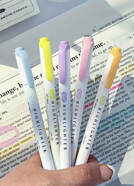 5pcs Pastel Highlighters Colors Dual Tip Fluorescent Hook Pen Colored Mark Pen Cute Markers for Journaling Japanese Stationery