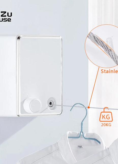 Stainless steel drying rope fully extended across bathroom