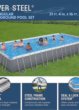 Swimming Pool Set 31' 4" x 16' x 52" Rectangular Metal Frame Above Ground with 2,200 GPH Filter Pump, Ladder and Pool Cover - Riparo82