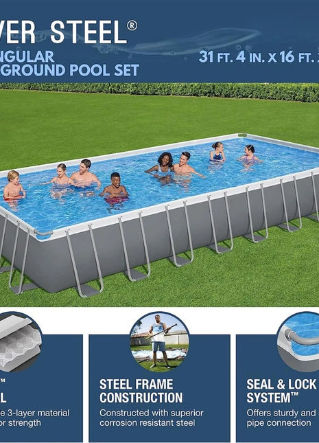 Swimming Pool Set 31' 4" x 16' x 52" Rectangular Metal Frame Above Ground with 2,200 GPH Filter Pump, Ladder and Pool Cover - Riparo82
