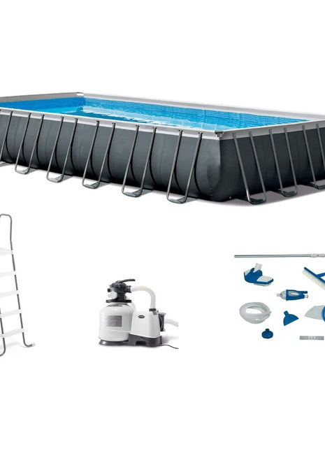 Swimming Pool Set 32ft x 16ft x 52in Ultra Frame Above Rectangular with Sand Filter Pump, Ladder, Cover, & Maintenance Kit - Riparo82