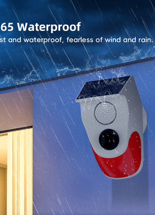 Two outdoor wireless PIR motion alarms displayed on table