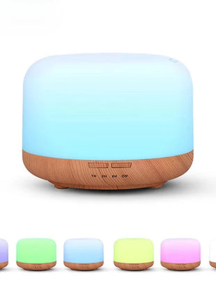 USB wood grain humidifier on nightstand with glowing light