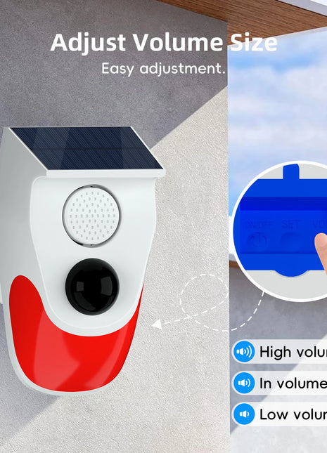 Wireless PIR sensor alarm with solar panel and remote control
