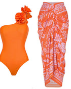 Women Fashion One Shoulder Swimsuit 3d Flower With Breast Pads Women Shiny Orange Premium Swimsuit With Printed Cover Up Dress - Riparo82