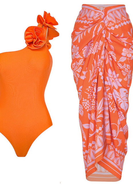 Women Fashion One Shoulder Swimsuit 3d Flower With Breast Pads Women Shiny Orange Premium Swimsuit With Printed Cover Up Dress - Riparo82