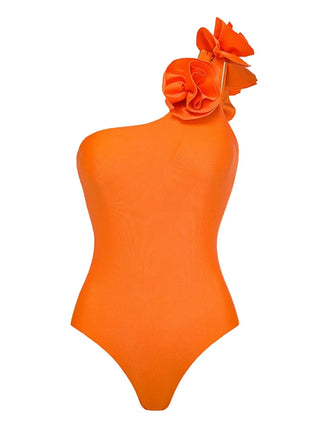Women Fashion One Shoulder Swimsuit 3d Flower With Breast Pads Women Shiny Orange Premium Swimsuit With Printed Cover Up Dress - Riparo82