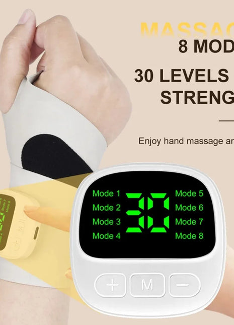 Wrist massager being worn with adjustable Velcro strap