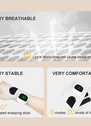 Wrist massager worn on right hand showing active mode

