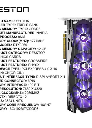 Yeston Used NVIDIA Graphics Card Geforce RTX 3060 12G placa de video 3060 GDDR6 192bit Video Card RGB Computer Desktop GPU rtx - Riparo82