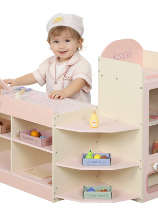 Aiyaplay Supermercato giocattolo in legno con distributore automatico registratore di cassa 3 ripiani aperti 4 scomparti Rosa - riparo82