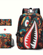 3 Pezzi Set di Borsa a Spalla, Tracolla e Astuccio - Zaino Campus Grande Capacità con Stampa Squalo per la Stagione del Ritorno a Scuola Unisex