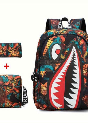 3 Pezzi Set di Borsa a Spalla, Tracolla e Astuccio - Zaino Campus Grande Capacità con Stampa Squalo per la Stagione del Ritorno a Scuola Unisex