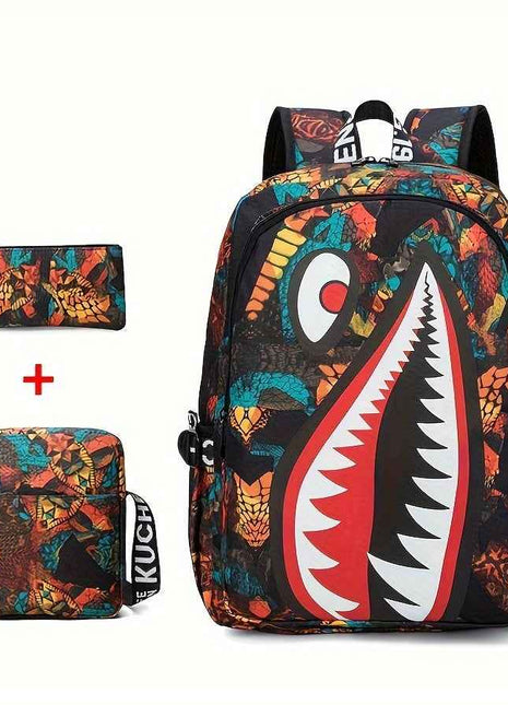 3 Pezzi Set di Borsa a Spalla, Tracolla e Astuccio - Zaino Campus Grande Capacità con Stampa Squalo per la Stagione del Ritorno a Scuola Unisex