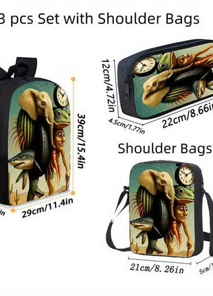 3 Pezzi Set Zaini Unisex, Stile Fashion Brain Rot, con Cinghie Regolabili e Chiusura a Zip, Include Zaino, Borsa Pranzo e Astuccio per Matite, Design per Scuola, Viaggi e Campeggio