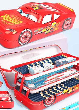 Custodia per matite 3D Disney Lightning Mcqueen - Design a cartoni animati vibranti, grande capacità di tre strati di metallo con manico, organizer per scuola e cancelleria rossa durevole, regalo perfetto per compleanni o Natale, custodia per matite, orga