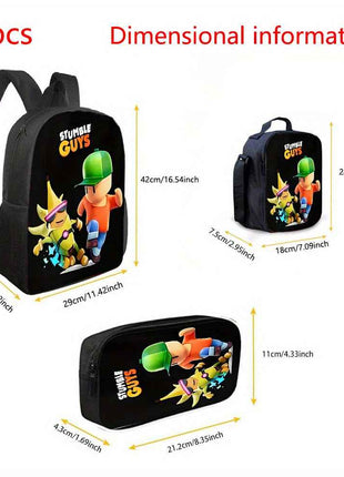 Stumble Guys Set di 3 Pezzi Zaino alla Moda, Borsa Pranzo e Astuccio per Matite con Spallacci Regolabili e Borsetta con Cerniera a Grande Capacità, Set Perfetto per lo Scuola e Viaggi