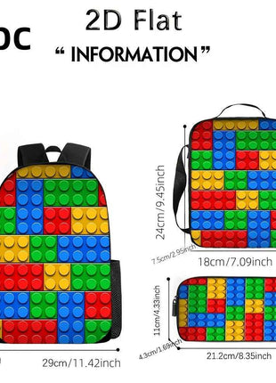3 Pezzi Set di Zaino con Mattoncini: Include un Grande Zaino, Astuccio per Penne e Borsa Pranzo con Cerniera e Spallacci Regolabili, Ideale come Regalo per Viaggi e Pendolarismo