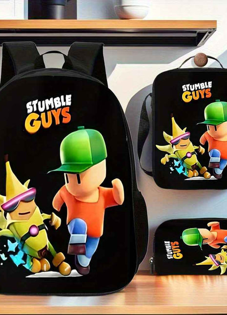 Stumble Guys Set di 3 Pezzi Zaino alla Moda, Borsa Pranzo e Astuccio per Matite con Spallacci Regolabili e Borsetta con Cerniera a Grande Capacità, Set Perfetto per lo Scuola e Viaggi