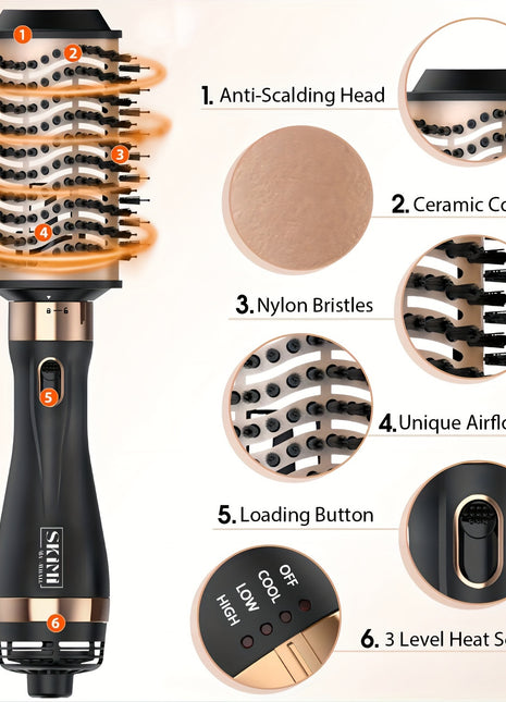 Hair Dryer Brush Blow Dryer Brush In One, Hot Air Brush Set For Straightening/Drying/Curling, Oval Brush, Multi-Temperature Settings, Detachable Design For Women, Black And Golden - Riparo82