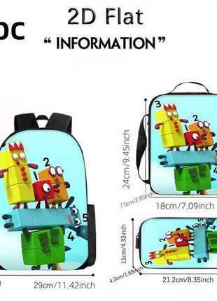 3pcs Set Zaino Numberblocks Include uno Zaino di Grande Capacità, una Penne e un Borsa Pranzo con Cerniera e Spalline Regolabili, Un'ottimo Regalo per Viaggi e Pendolarismo