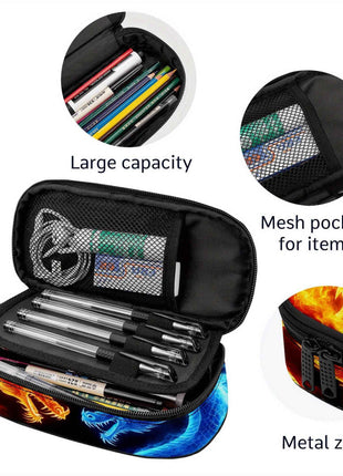Portapenne Dual Dragons - Design Drago di Fuoco e Ghiaccio con Scomparto a Cerniera, Astuccio Resistente per Materiale Scolastico, Viaggi, Ragazze e Ragazzi Adolescenti