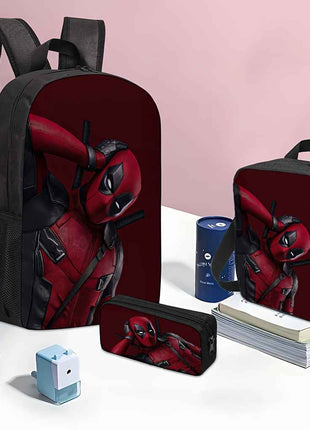 3pezzo MARVEL Deadpool & Wolverine Set di zaini con cartoni animati per uomini e donne, comprensivo di una borsa da scuola, astuccio per matite e scatola per il pranzo. Zaino per studenti adatto a entrambi i sessi, grande capacità per i viaggi quotidiani