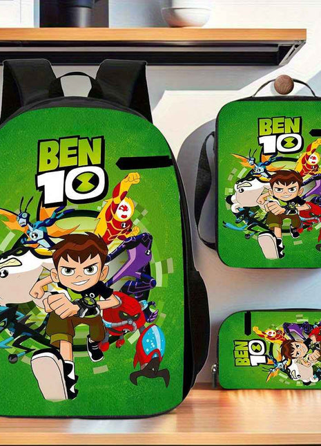 3 Pezzi Set Zaino Ben 10, 1*Borsa Pranzo, 1*Astuccio Portapenne, Grande Capacità Organizzatore da Viaggio con Chiusura a Cerniera, Ideale per Regali di Vacanza o Compleanno